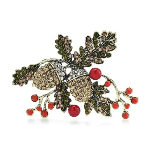 Large Christmas Acorn and Oak Rhinestone Brooch